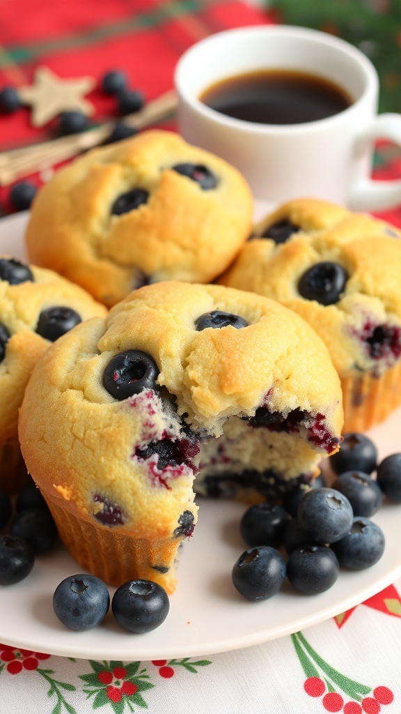Freshly baked blueberry muffins on a festive table with blueberries and a cup of coffee.